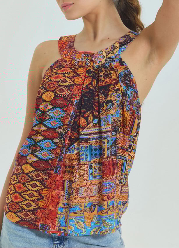 Halter Neck Button Detail Pleated Orange Authentic Blouse 4677